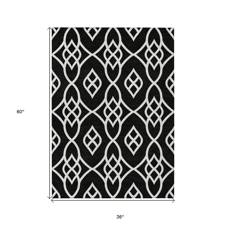 3' X 5' Black And Ivory Trellis Washable Indoor Outdoor Area Rug