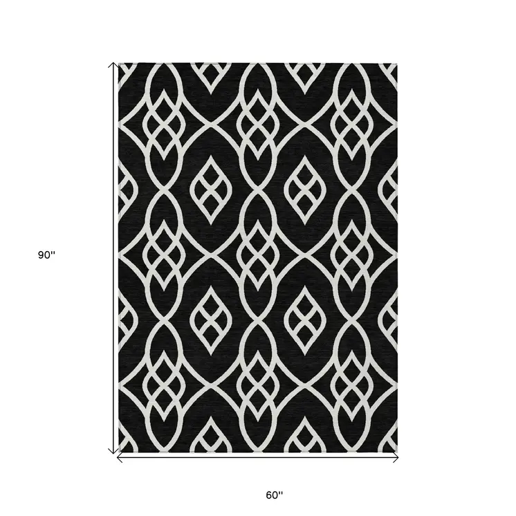 5' X 8' Black And Ivory Trellis Washable Indoor Outdoor Area Rug