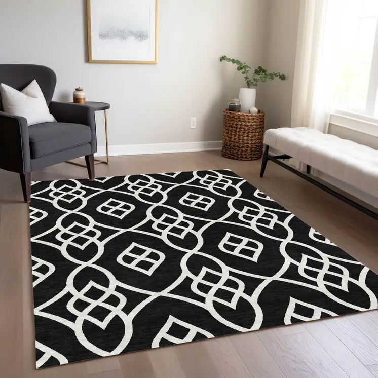 5' X 8' Black And Ivory Trellis Washable Indoor Outdoor Area Rug