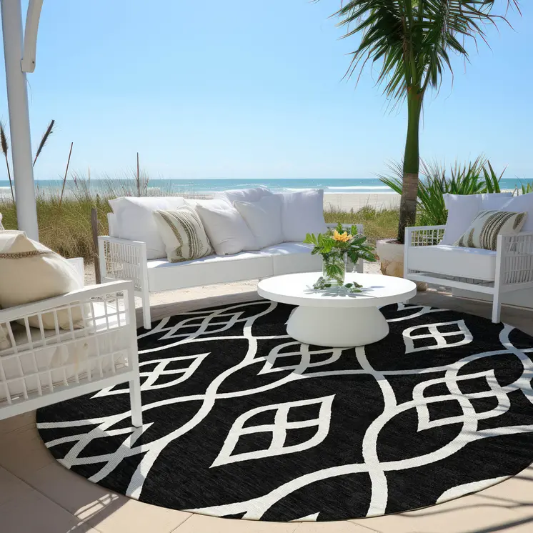 8' Black And Ivory Round Trellis Washable Indoor Outdoor Area Rug