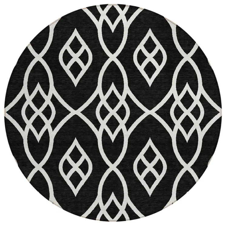 8' Black And Ivory Round Trellis Washable Indoor Outdoor Area Rug