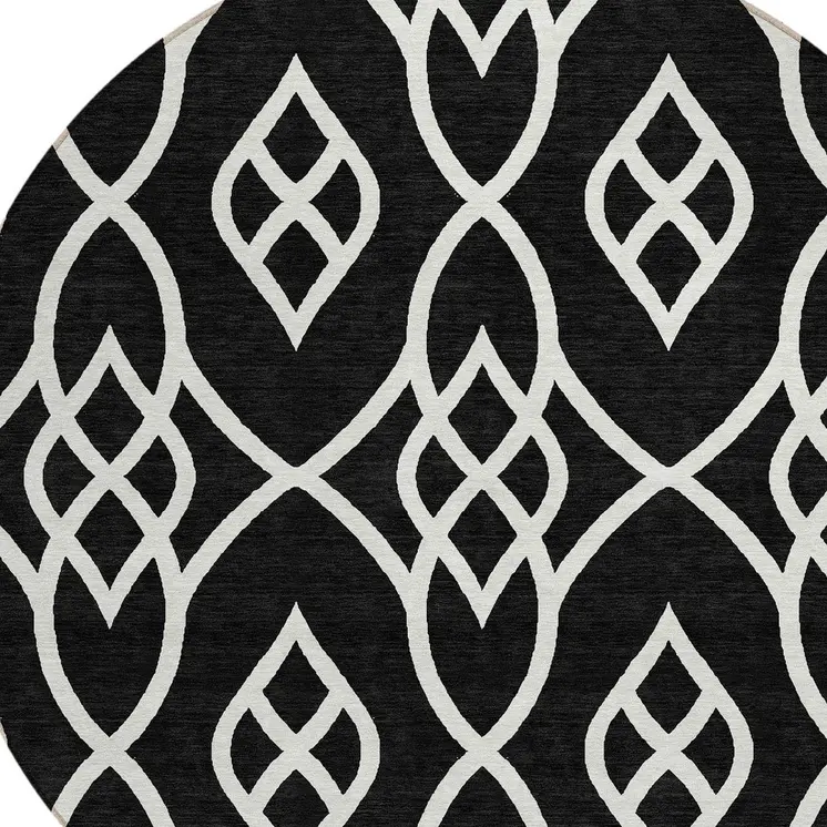 8' Black And Ivory Round Trellis Washable Indoor Outdoor Area Rug