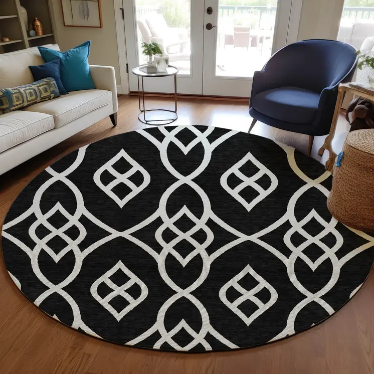 8' Black And Ivory Round Trellis Washable Indoor Outdoor Area Rug