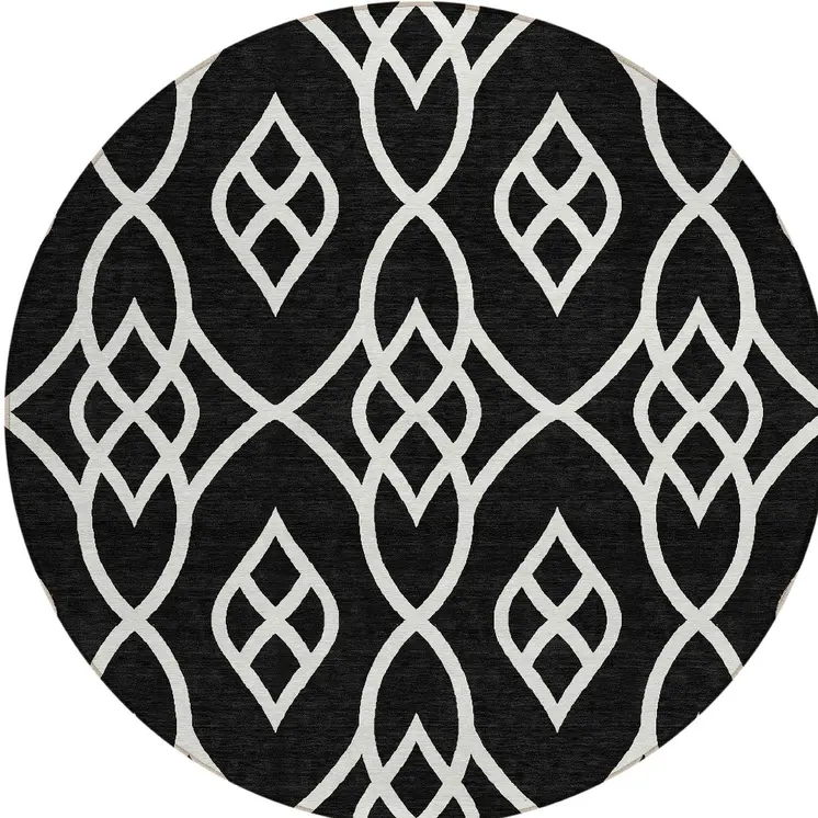 8' Black And Ivory Round Trellis Washable Indoor Outdoor Area Rug