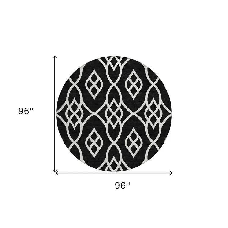 8' Black And Ivory Round Trellis Washable Indoor Outdoor Area Rug