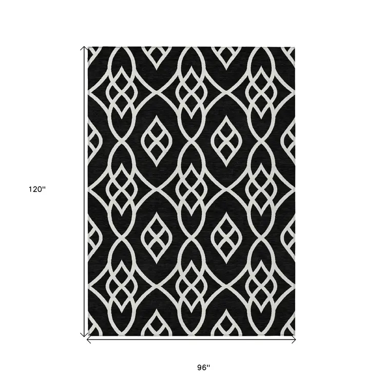 8' X 10' Black And Ivory Trellis Washable Indoor Outdoor Area Rug
