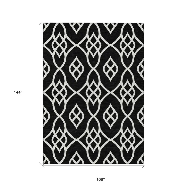 9' X 12' Black And Ivory Trellis Washable Indoor Outdoor Area Rug