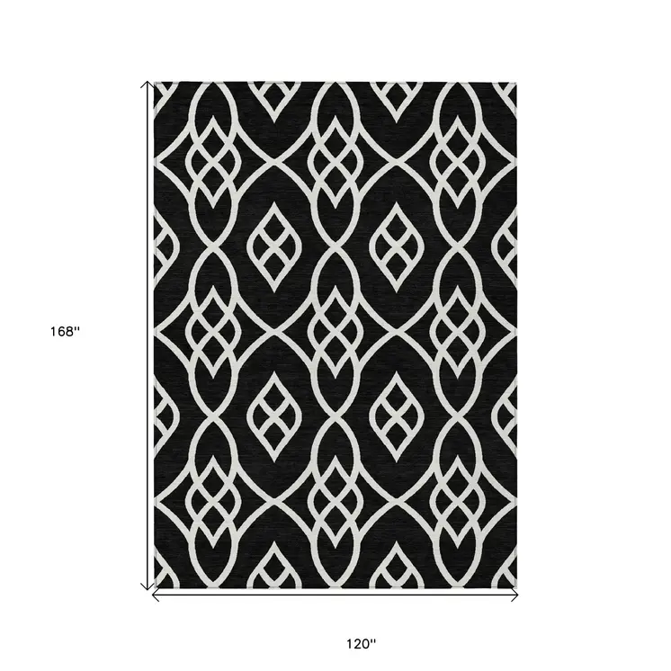 10' X 14' Black And Ivory Trellis Washable Indoor Outdoor Area Rug
