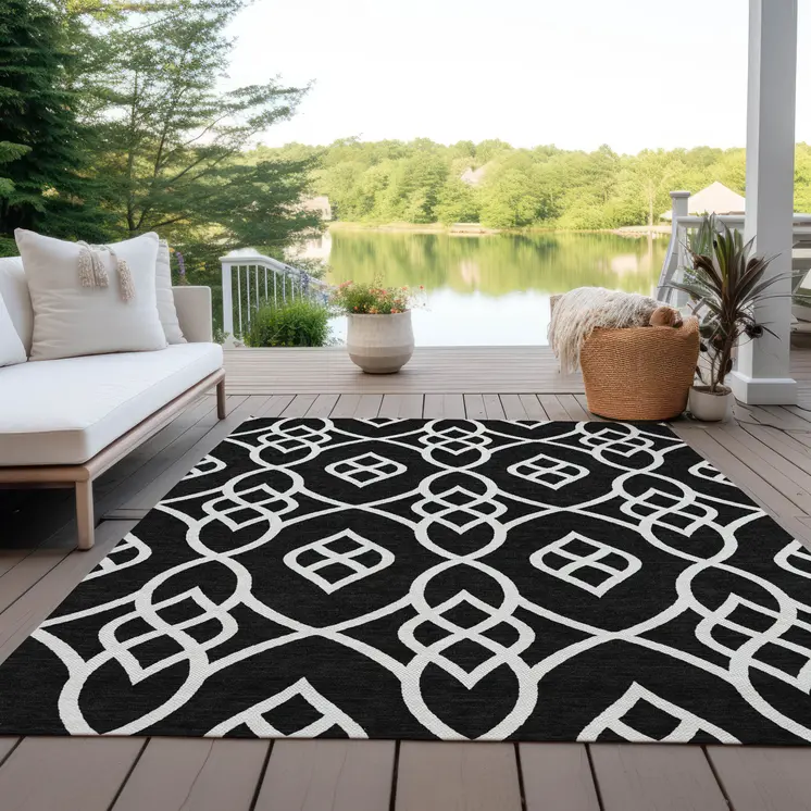 10' X 14' Black And Ivory Trellis Washable Indoor Outdoor Area Rug