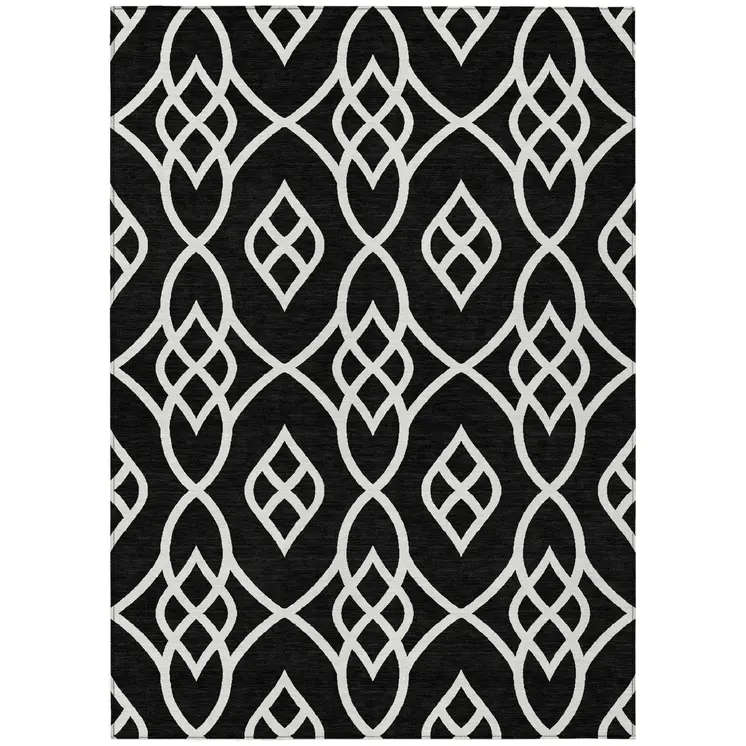 10' X 14' Black And Ivory Trellis Washable Indoor Outdoor Area Rug