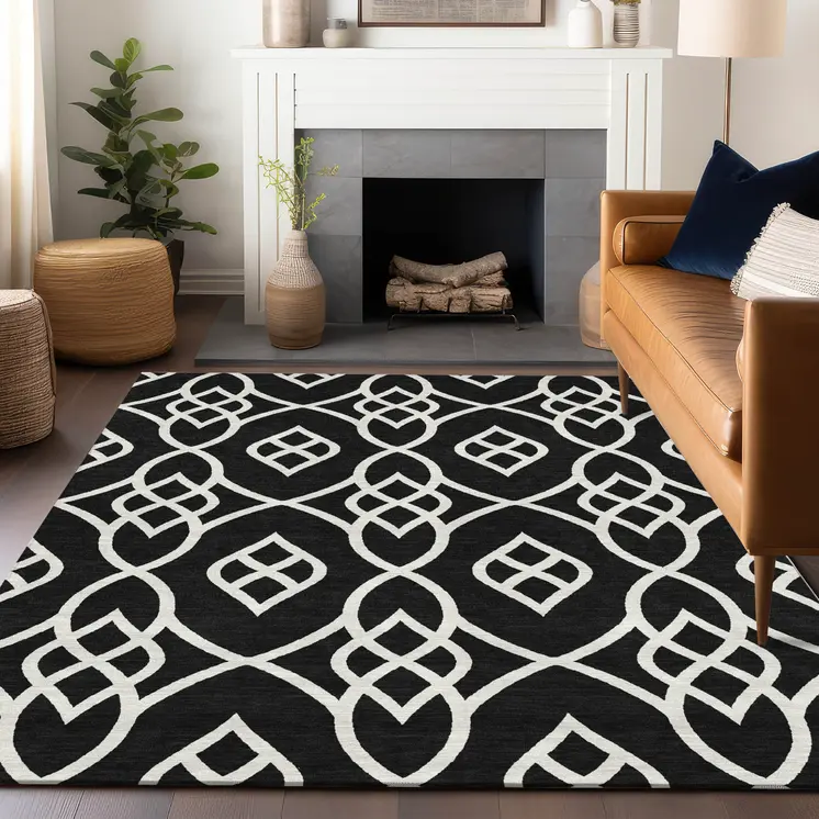 10' X 14' Black And Ivory Trellis Washable Indoor Outdoor Area Rug
