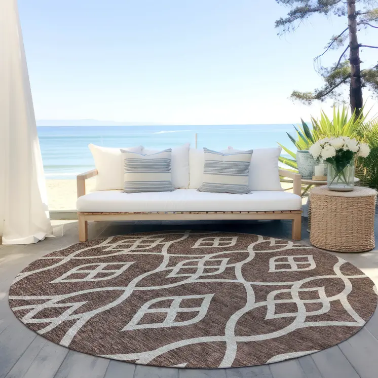 8' Chocolate And Ivory Round Trellis Washable Indoor Outdoor Area Rug