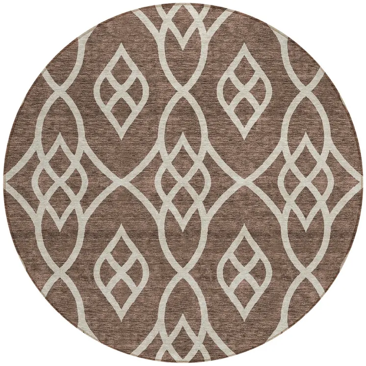 8' Chocolate And Ivory Round Trellis Washable Indoor Outdoor Area Rug