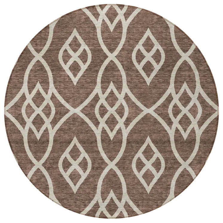 8' Chocolate And Ivory Round Trellis Washable Indoor Outdoor Area Rug