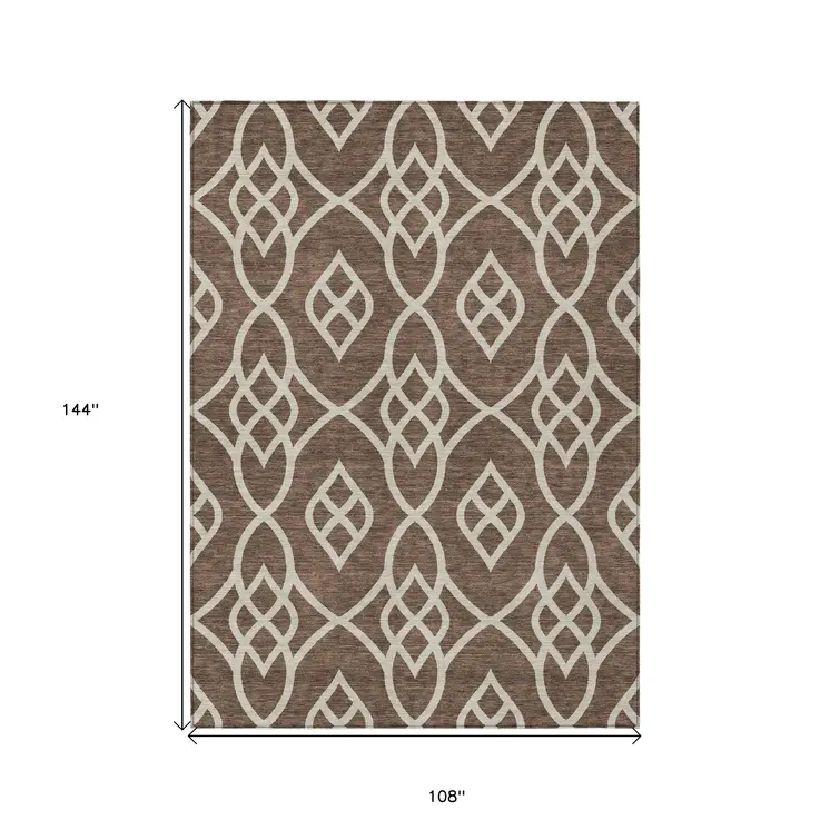 9' X 12' Chocolate And Ivory Trellis Washable Indoor Outdoor Area Rug