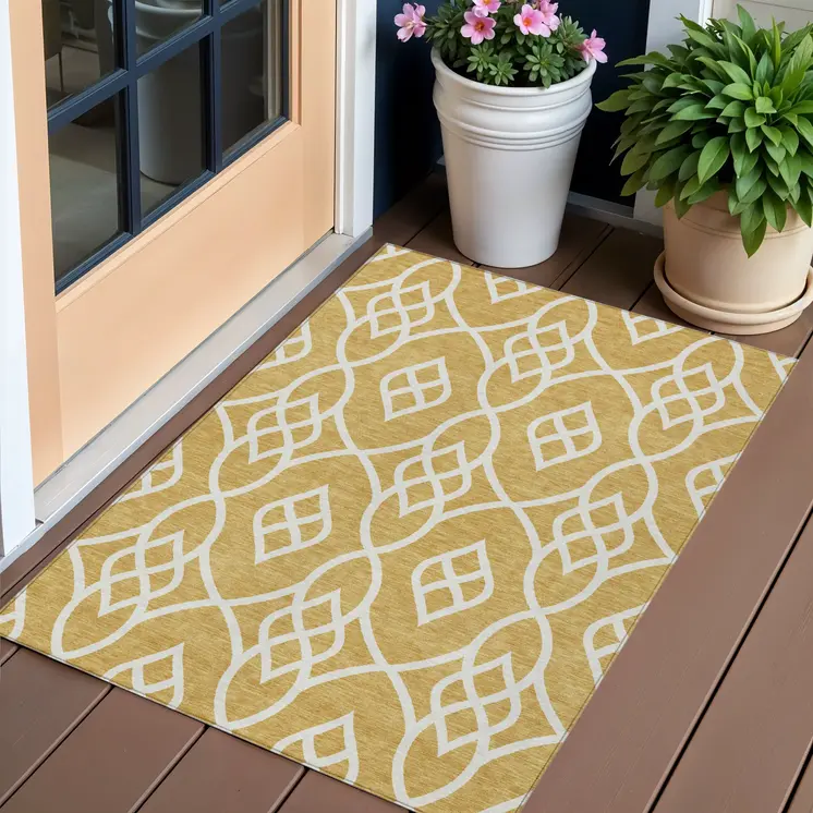 3' X 5' Gold And Ivory Trellis Washable Indoor Outdoor Area Rug