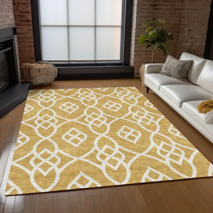 3' X 5' Gold And Ivory Trellis Washable Indoor Outdoor Area Rug