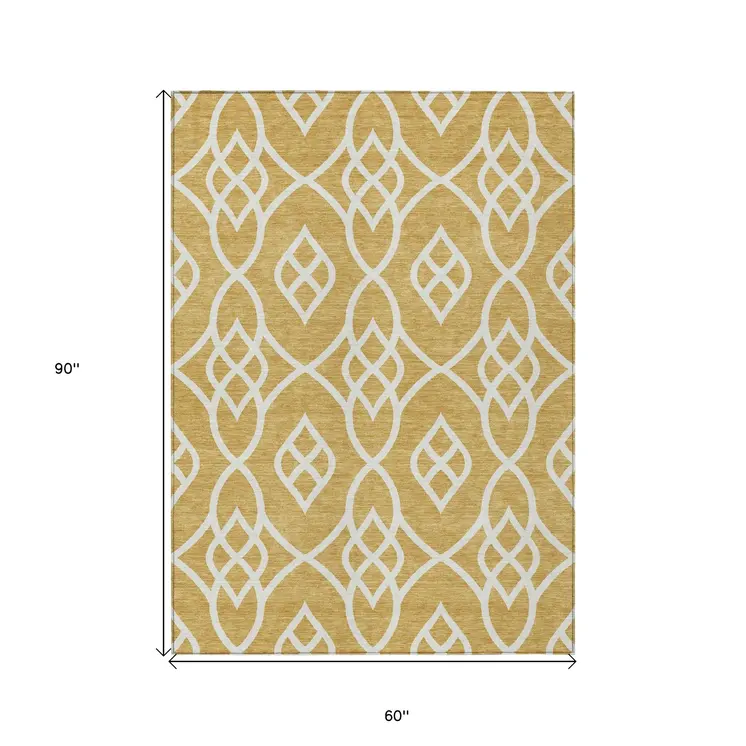 5' X 8' Gold And Ivory Trellis Washable Indoor Outdoor Area Rug
