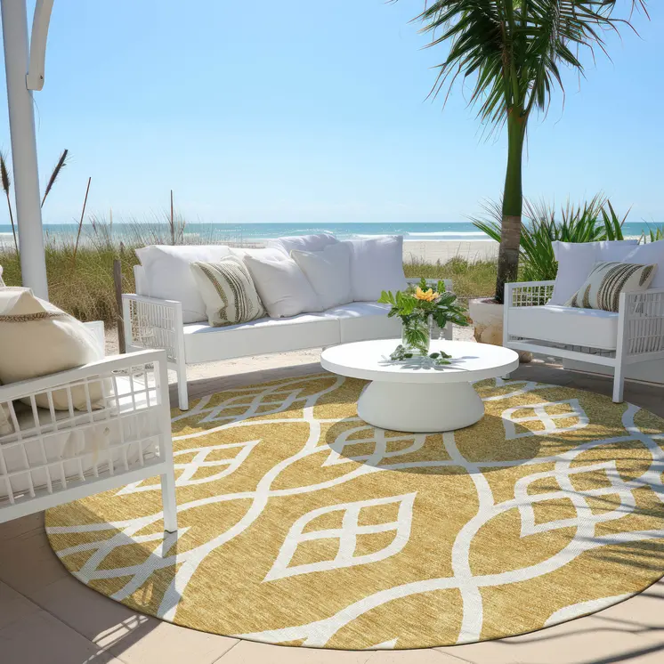 8' Gold And Ivory Round Trellis Washable Indoor Outdoor Area Rug