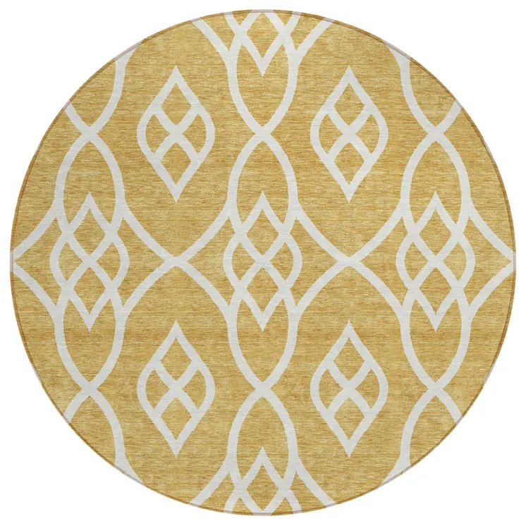 8' Gold And Ivory Round Trellis Washable Indoor Outdoor Area Rug