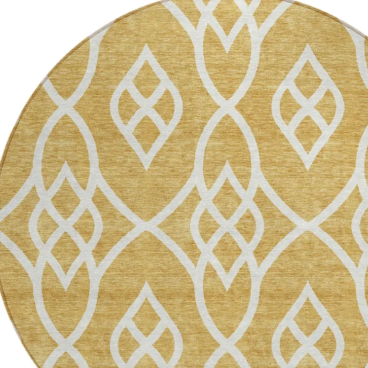 8' Gold And Ivory Round Trellis Washable Indoor Outdoor Area Rug