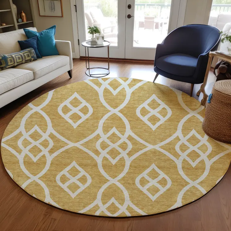 8' Gold And Ivory Round Trellis Washable Indoor Outdoor Area Rug