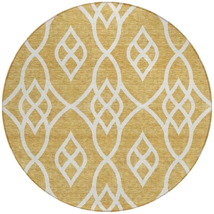 8' Gold And Ivory Round Trellis Washable Indoor Outdoor Area Rug