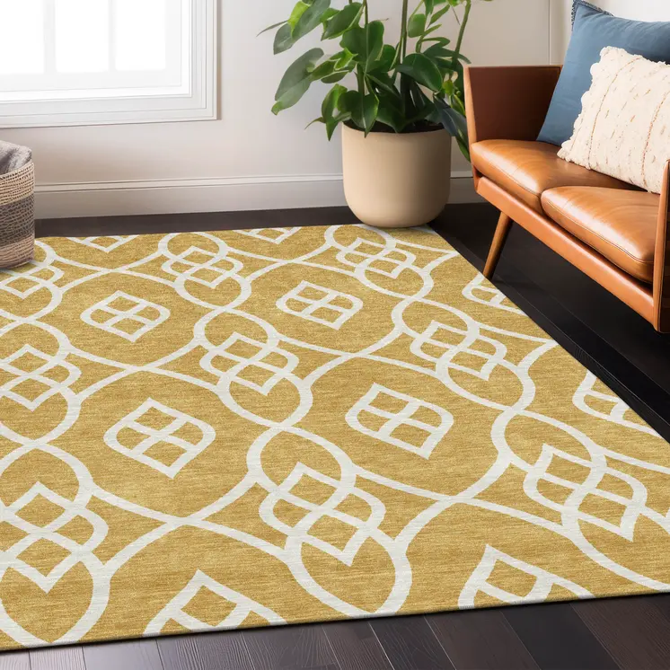 8' X 10' Gold And Ivory Trellis Washable Indoor Outdoor Area Rug