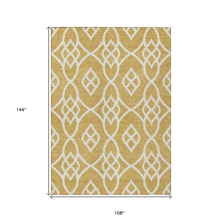 9' X 12' Gold And Ivory Trellis Washable Indoor Outdoor Area Rug