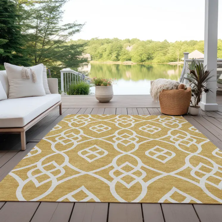 9' X 12' Gold And Ivory Trellis Washable Indoor Outdoor Area Rug