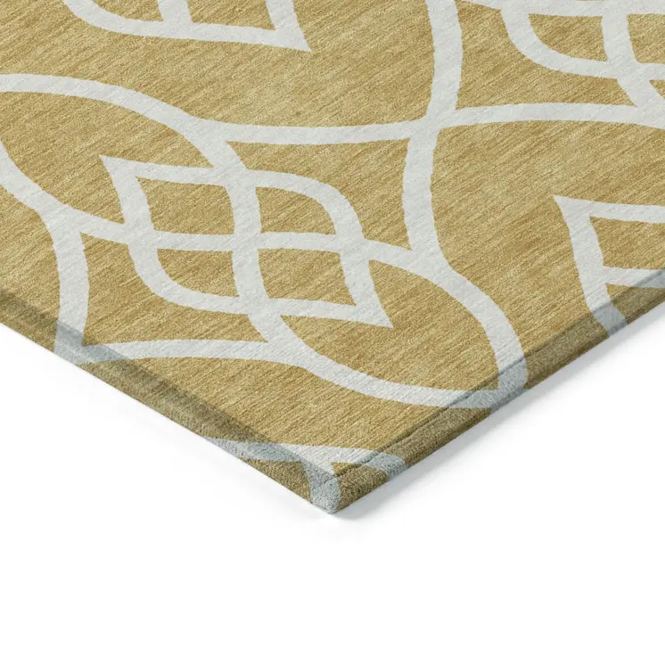 9' X 12' Gold And Ivory Trellis Washable Indoor Outdoor Area Rug