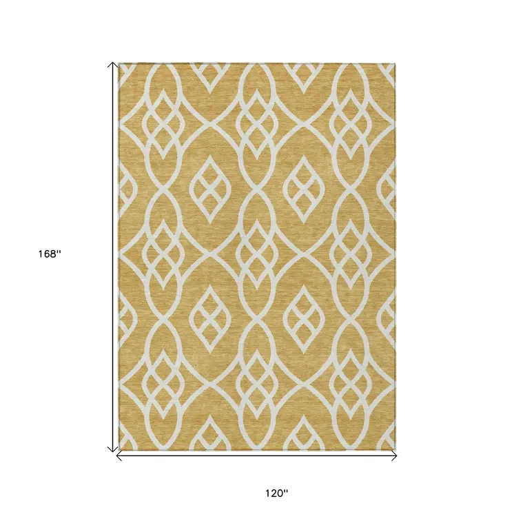 10' X 14' Gold And Ivory Trellis Washable Indoor Outdoor Area Rug