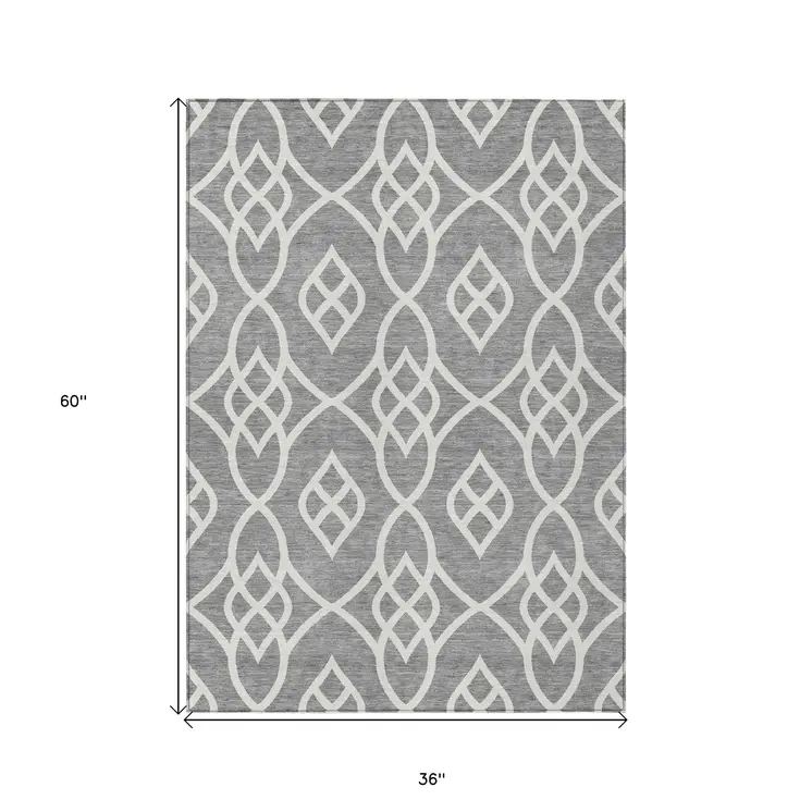 3' X 5' Gray And Ivory Trellis Washable Indoor Outdoor Area Rug