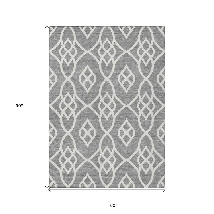 5' X 8' Gray And Ivory Trellis Washable Indoor Outdoor Area Rug