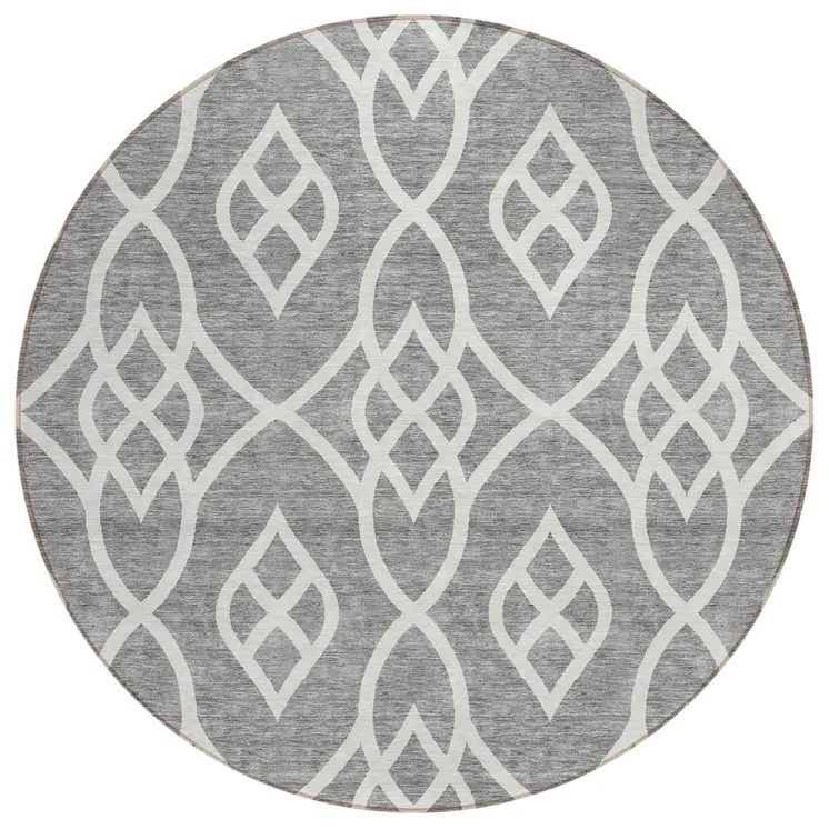 8' Gray And Ivory Round Trellis Washable Indoor Outdoor Area Rug