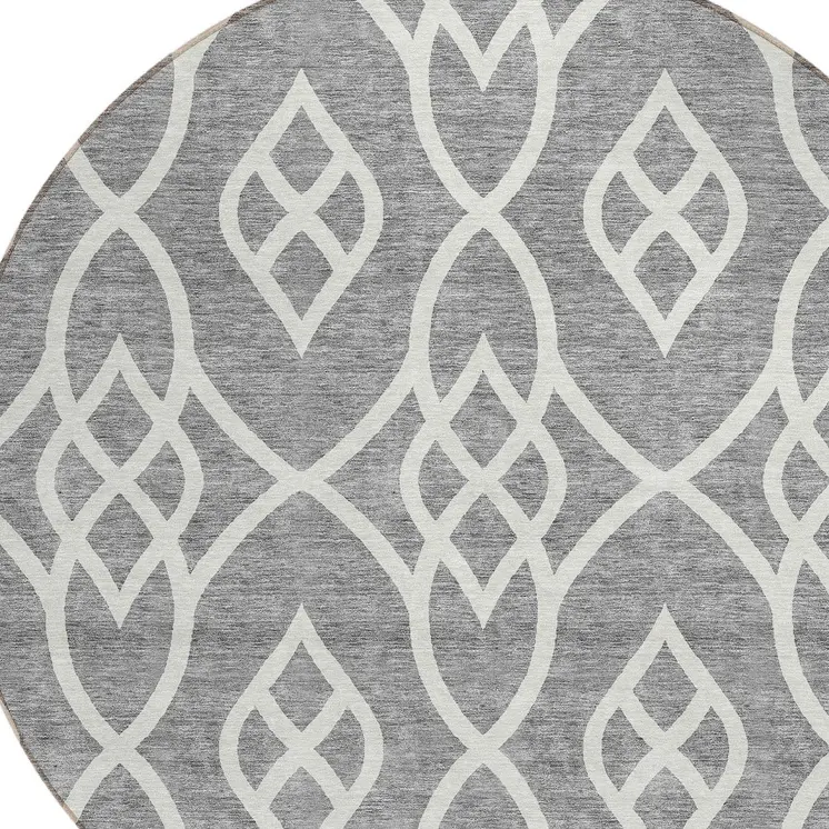8' Gray And Ivory Round Trellis Washable Indoor Outdoor Area Rug