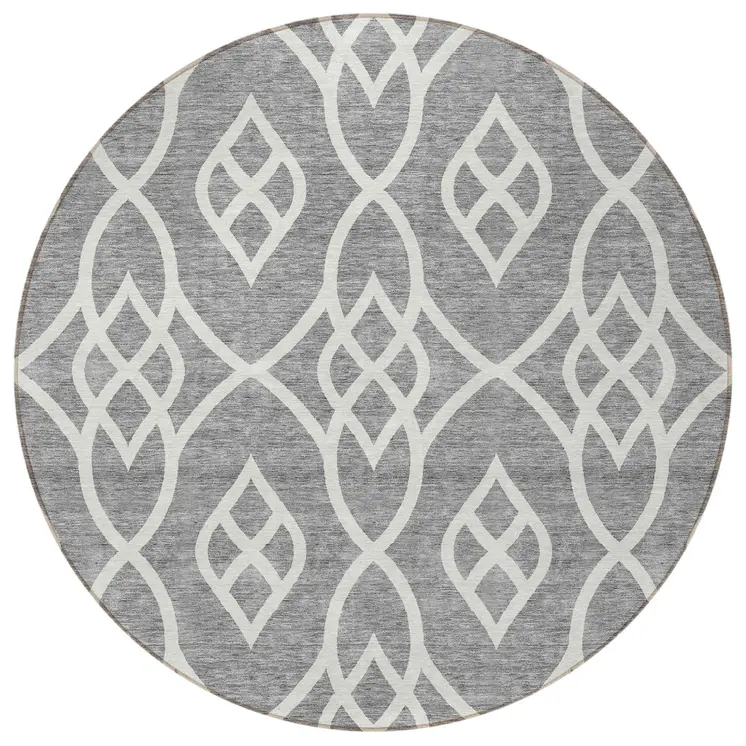 8' Gray And Ivory Round Trellis Washable Indoor Outdoor Area Rug