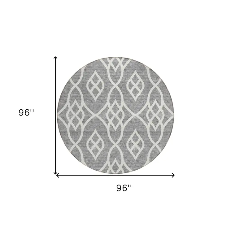 8' Gray And Ivory Round Trellis Washable Indoor Outdoor Area Rug