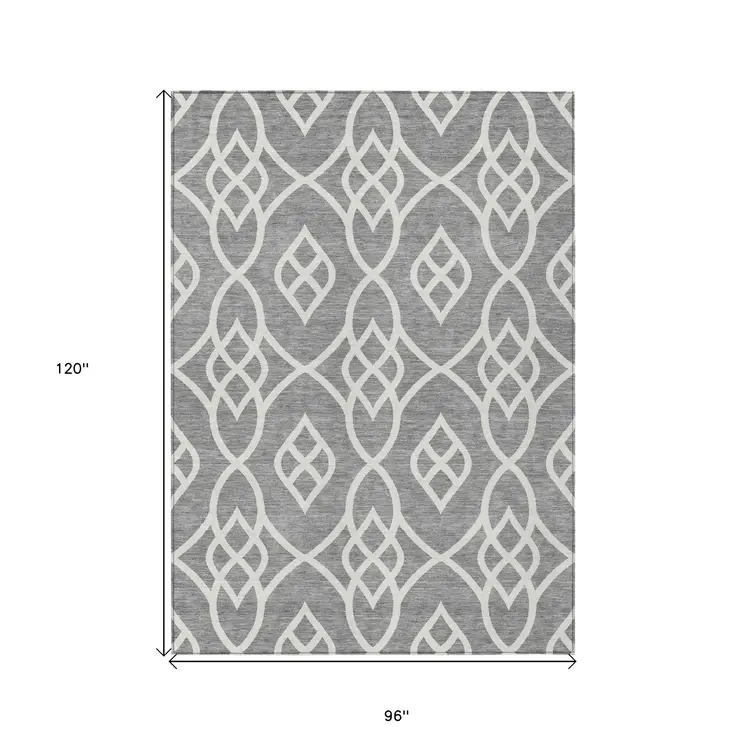 8' X 10' Gray And Ivory Trellis Washable Indoor Outdoor Area Rug