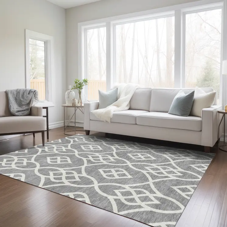 9' X 12' Gray And Ivory Trellis Washable Indoor Outdoor Area Rug