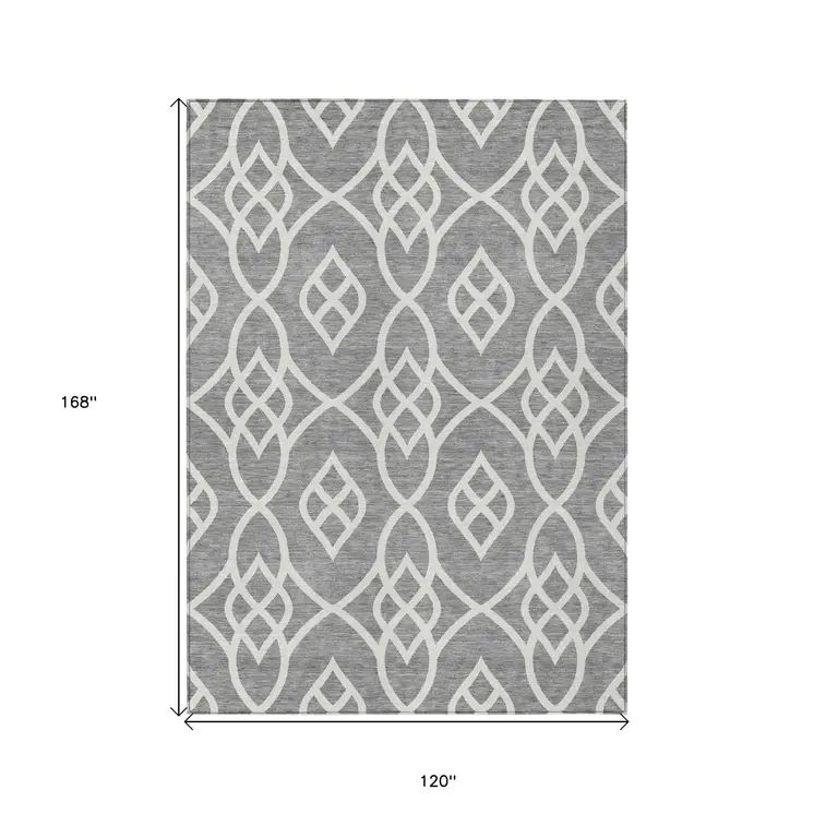 10' X 14' Gray And Ivory Trellis Washable Indoor Outdoor Area Rug