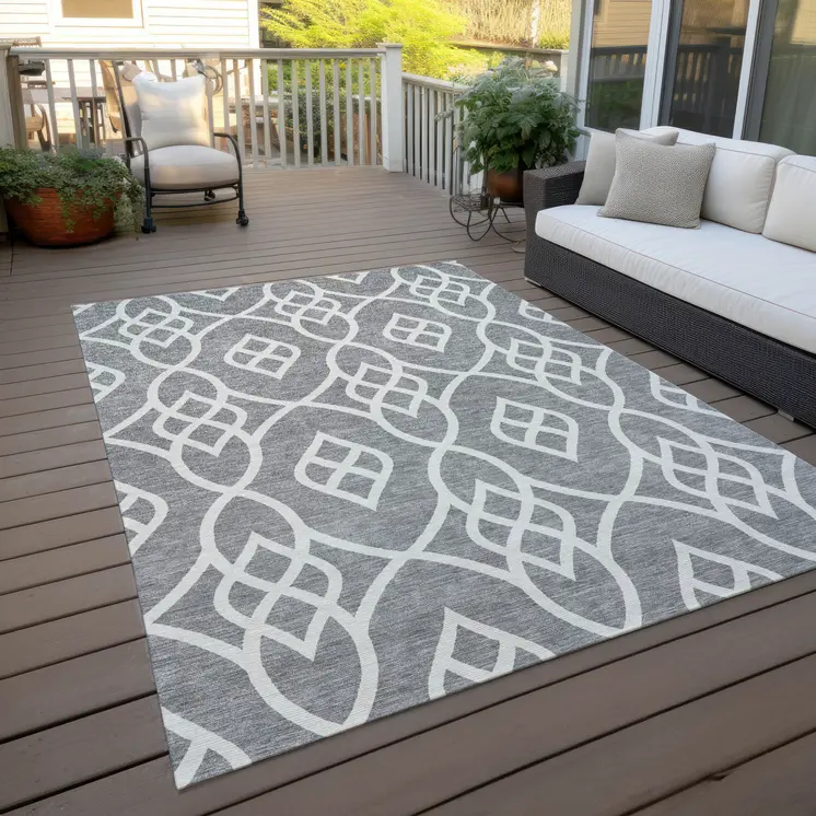 10' X 14' Gray And Ivory Trellis Washable Indoor Outdoor Area Rug