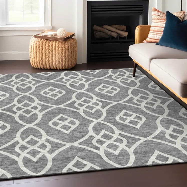 10' X 14' Gray And Ivory Trellis Washable Indoor Outdoor Area Rug