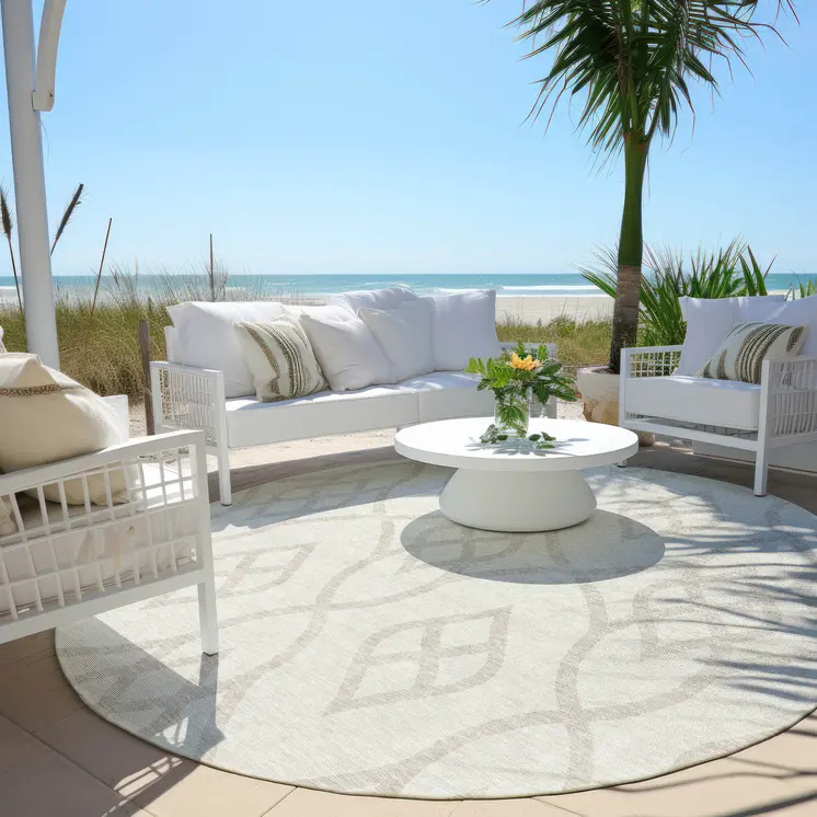8' Ivory And Gray Round Trellis Washable Indoor Outdoor Area Rug