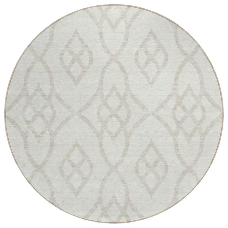 8' Ivory And Gray Round Trellis Washable Indoor Outdoor Area Rug