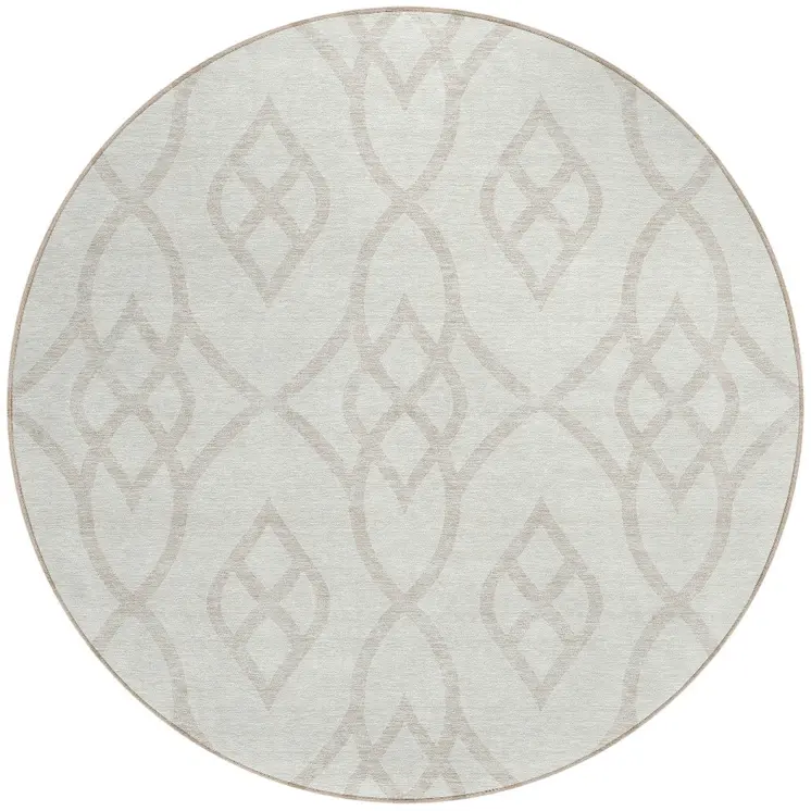 8' Ivory And Gray Round Trellis Washable Indoor Outdoor Area Rug