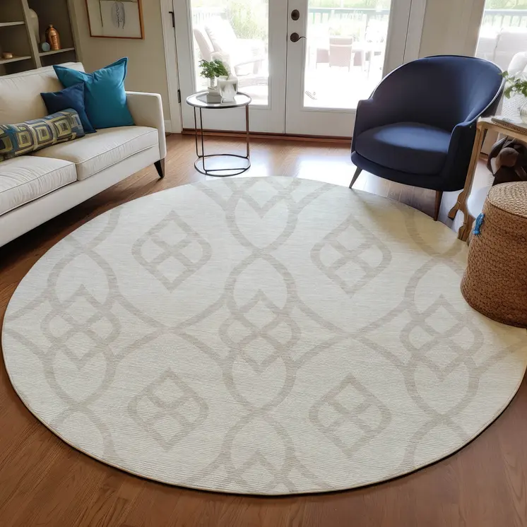 8' Ivory And Gray Round Trellis Washable Indoor Outdoor Area Rug