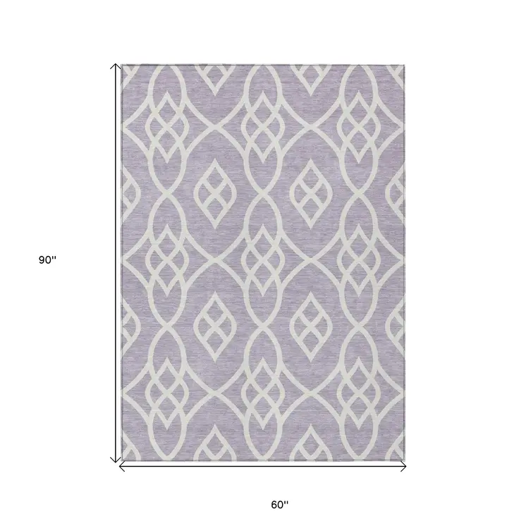 5' X 8' Lavender And Ivory Trellis Washable Indoor Outdoor Area Rug