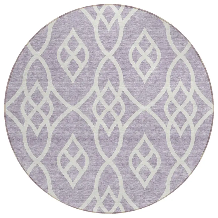 8' Lavender And Ivory Round Trellis Washable Indoor Outdoor Area Rug