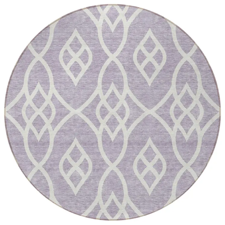 8' Lavender And Ivory Round Trellis Washable Indoor Outdoor Area Rug